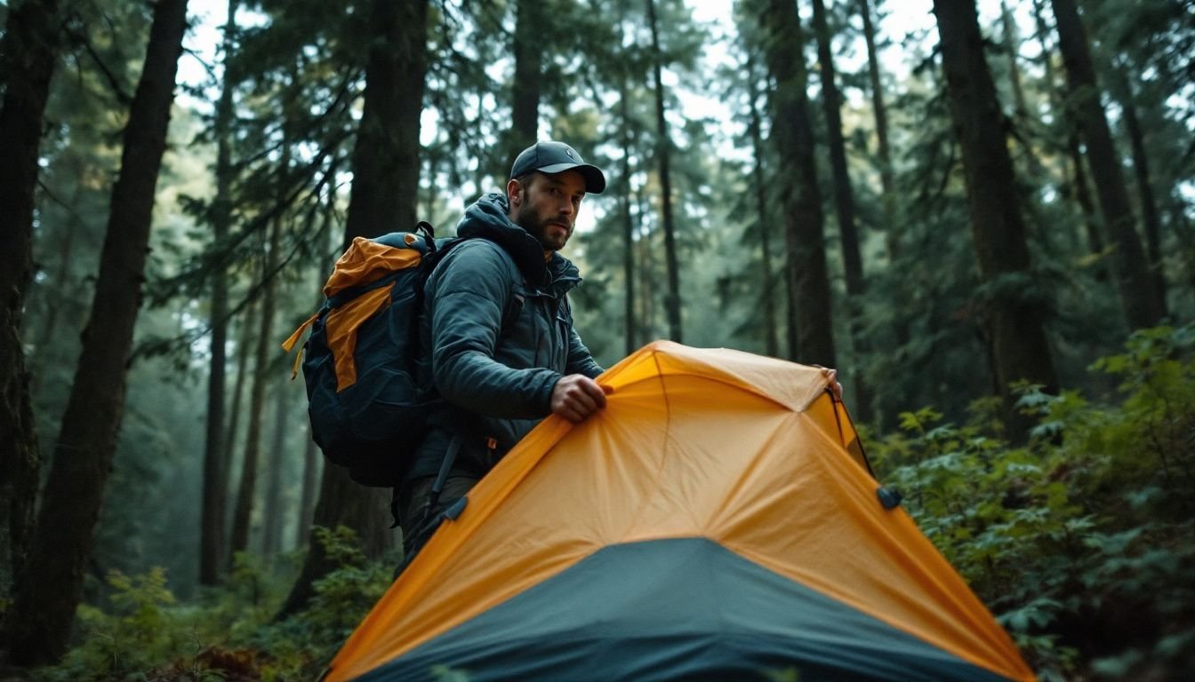 A backpacker setting up a Zpacks Plex Solo Tent in a dense forest.