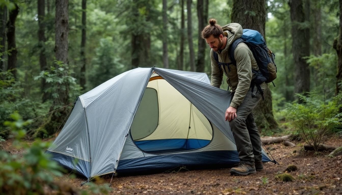 A backpacker setting up a Durston X-Mid 1P Tent in a peaceful forest clearing.