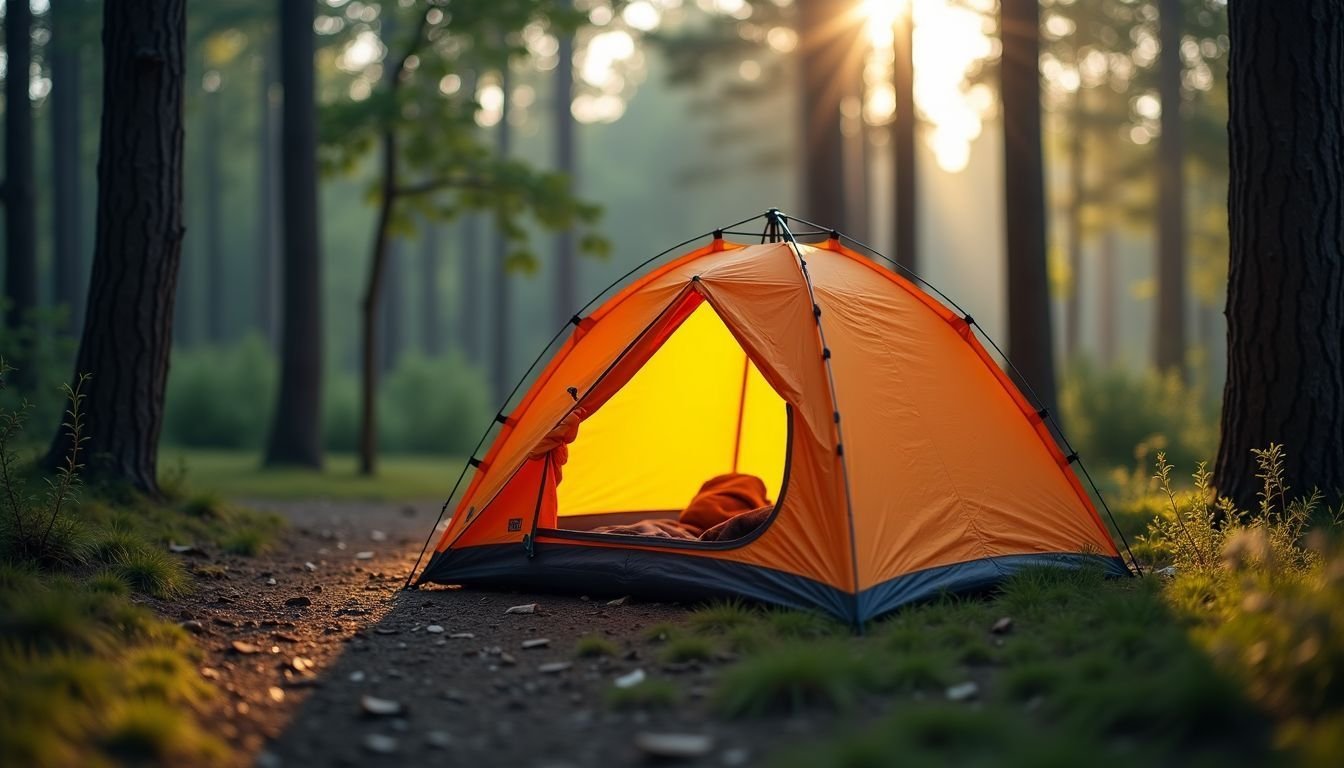 A solo backpacking tent set up in a peaceful forest clearing.