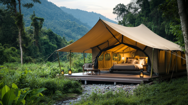 Luxury camping tent with a scenic mountain view and a wooden deck in a lush green forest.