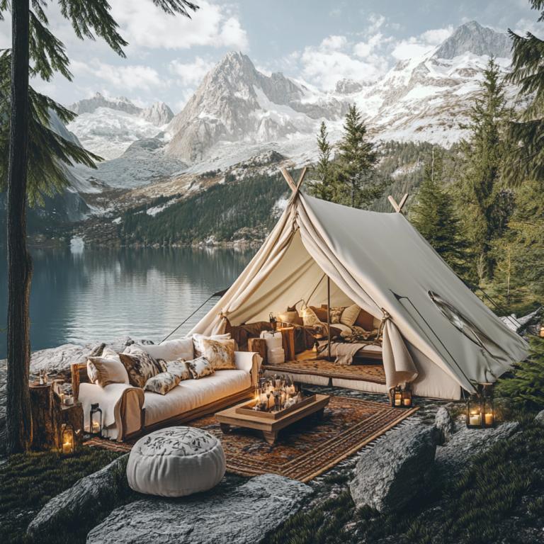 A luxurious tent set up by a serene alpine lake, featuring elegant outdoor furniture, plush cushions, and stunning mountain scenery, ideal for a high-end camping experience.