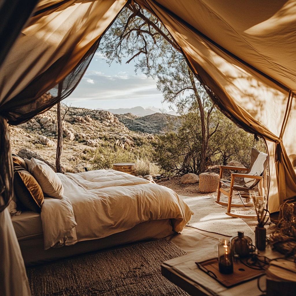A luxurious camping setup featuring a cozy bed, wooden furniture, and a scenic view of the desert landscape, embodying high-end outdoor comfort.
