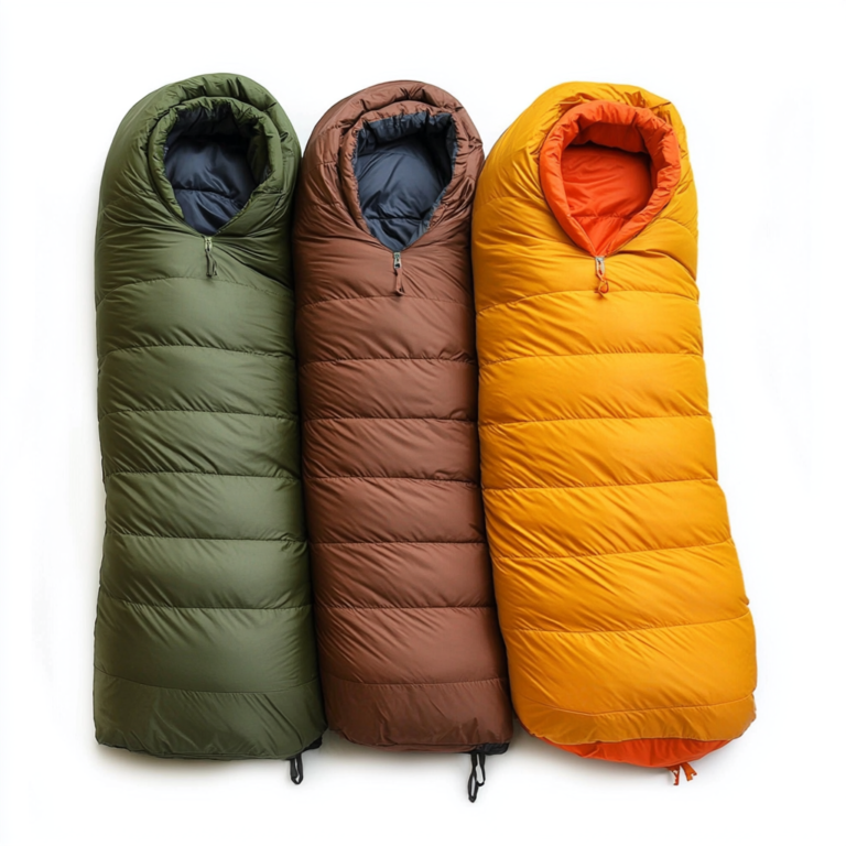 Three colorful sleeping bags in green, brown, and orange, displayed side by side in a standing upright position. Each bag features a mummy-style design with an insulated hood and a zipper closure.