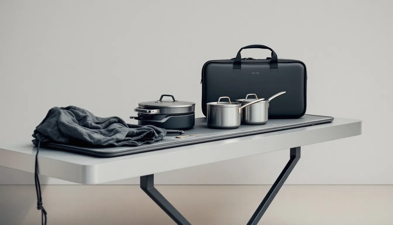 Ultralight cooking gear set up for outdoor cooking.