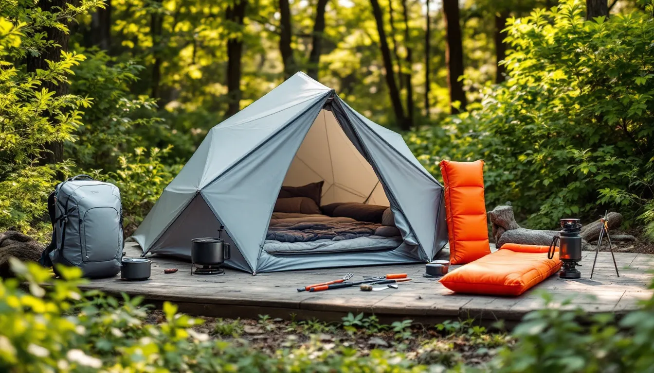 A collection of ultralight camping gear displayed outdoors.