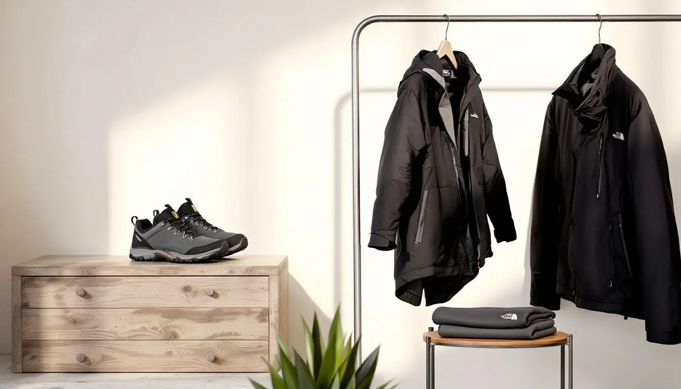A display of functional clothing and footwear for hiking.