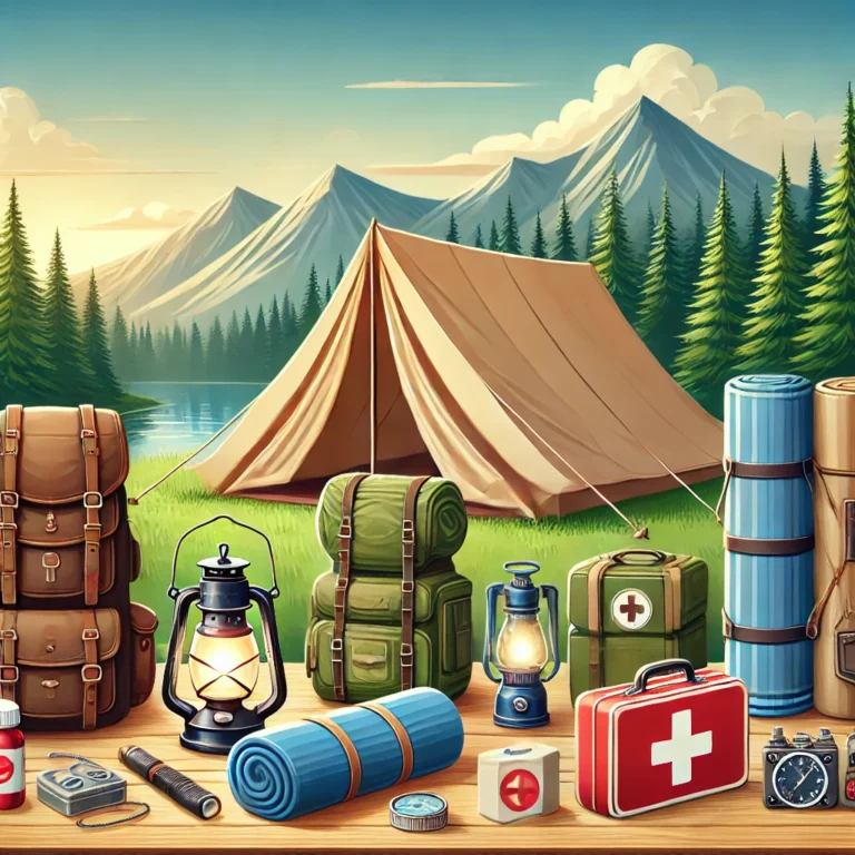 Essential camping gear setup with a tent, backpack, sleeping bag, stove, and other outdoor essentials in a scenic forest setting.