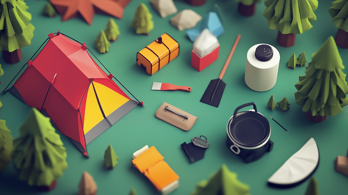 A 3D-rendered illustration of camping essentials, including a tent, cooking gear, tools, and supplies arranged in a forest setting.