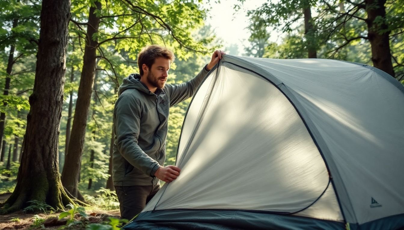 A man in his 30s sets up a solo tent at a lush campsite.