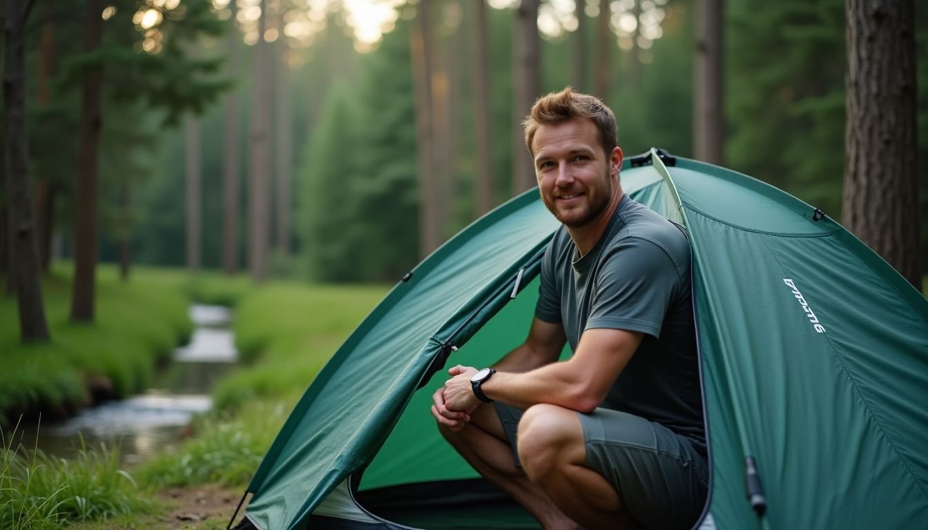 A man setting up a tent in a forest clearing.