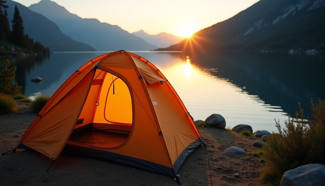 A well-used MSR Hubba Hubba NX Solo tent set up at a peaceful campsite by a mountain lake during golden hour.