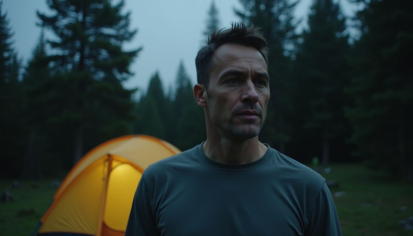 A man in his 30s setting up an REI tent in a wooded campsite.