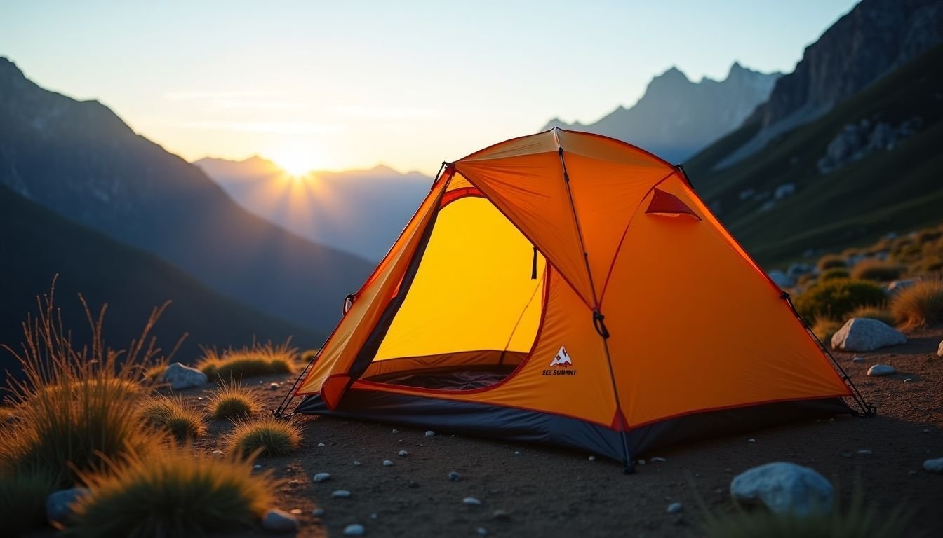 A Sea to Summit Alto TR1 backpacking tent set up in a mountain clearing at sunrise.