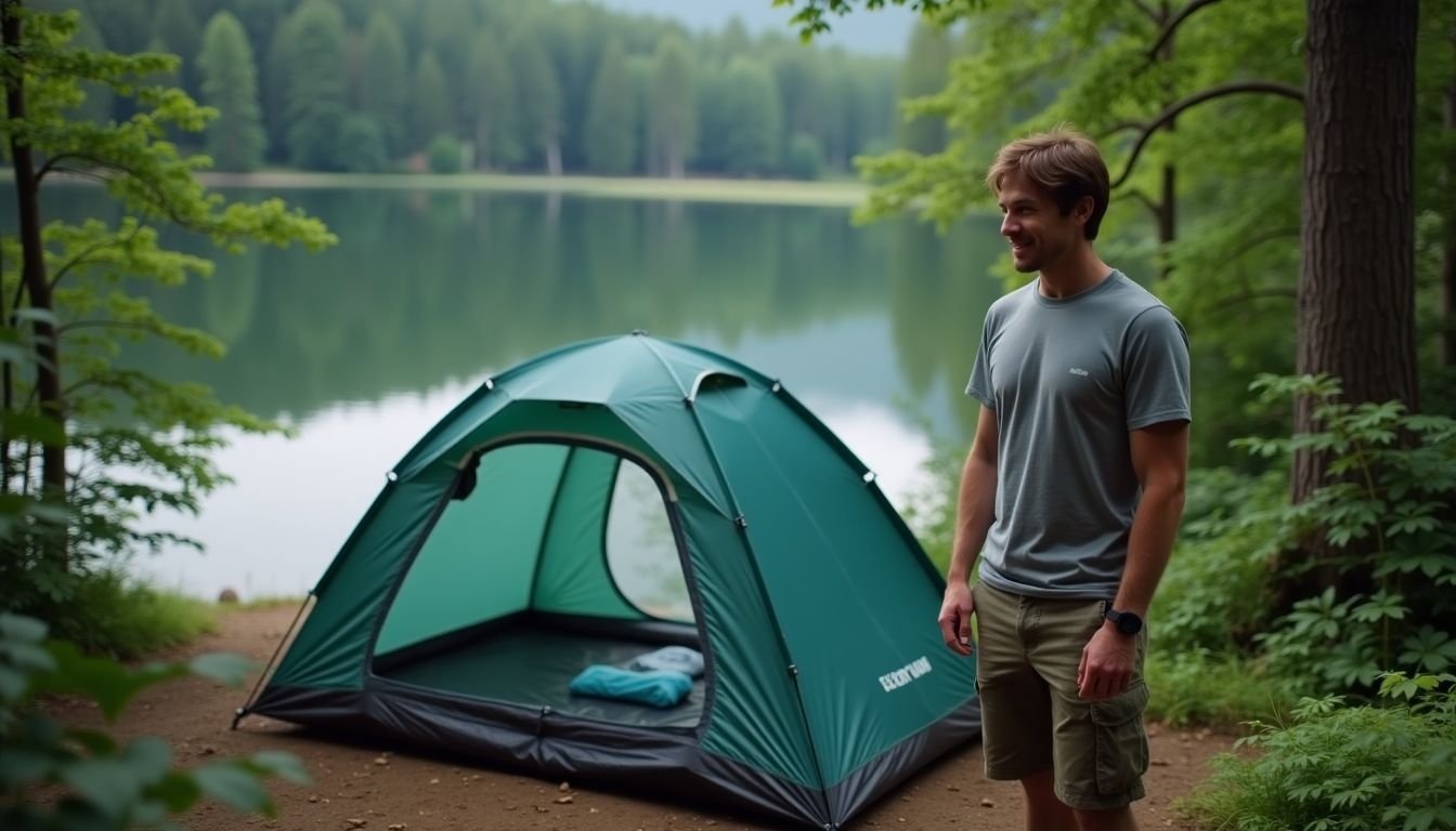 A hiker sets up a lightweight tent in a peaceful campsite.