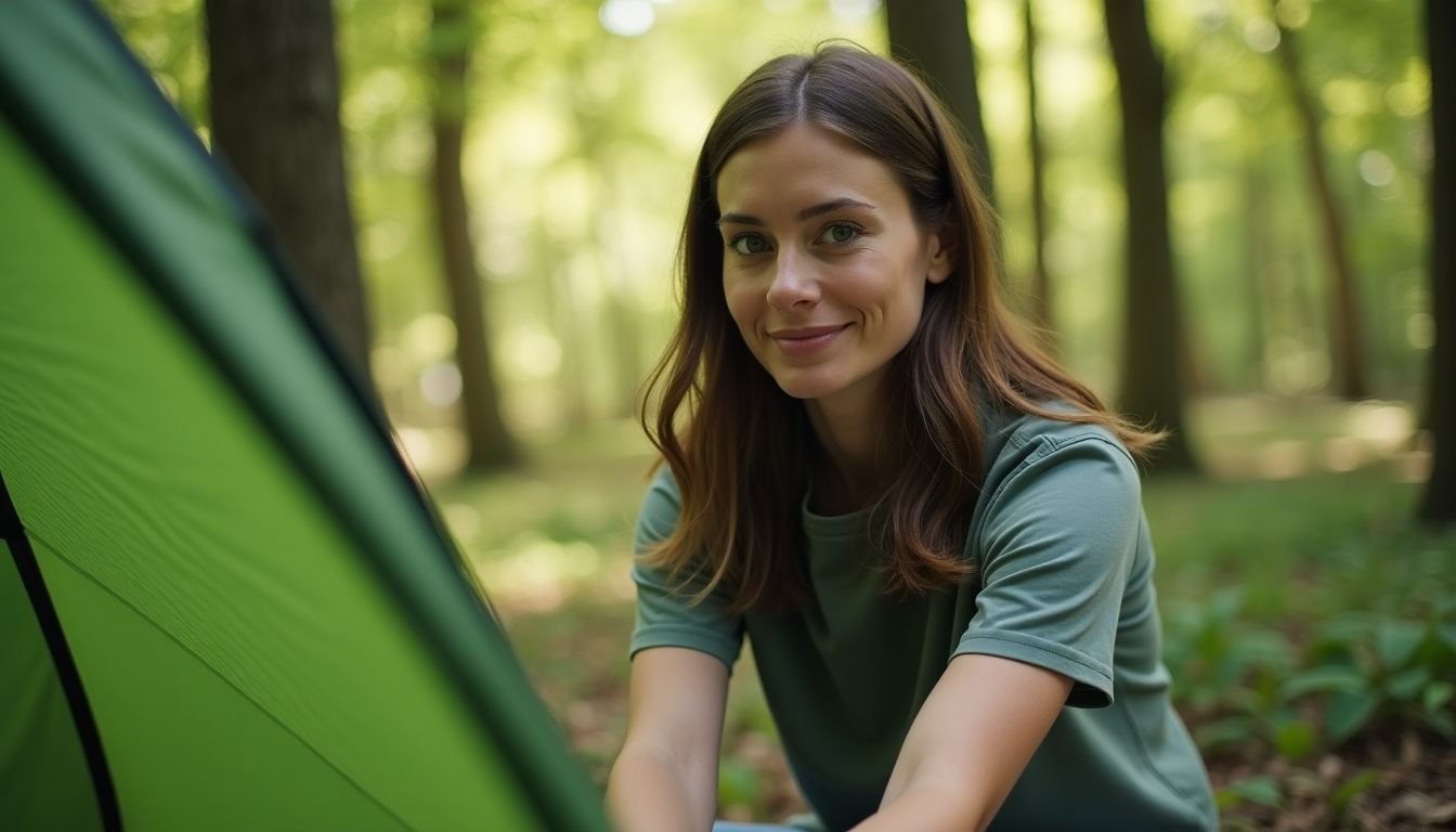 A woman setting up a tent in a forest clearing.