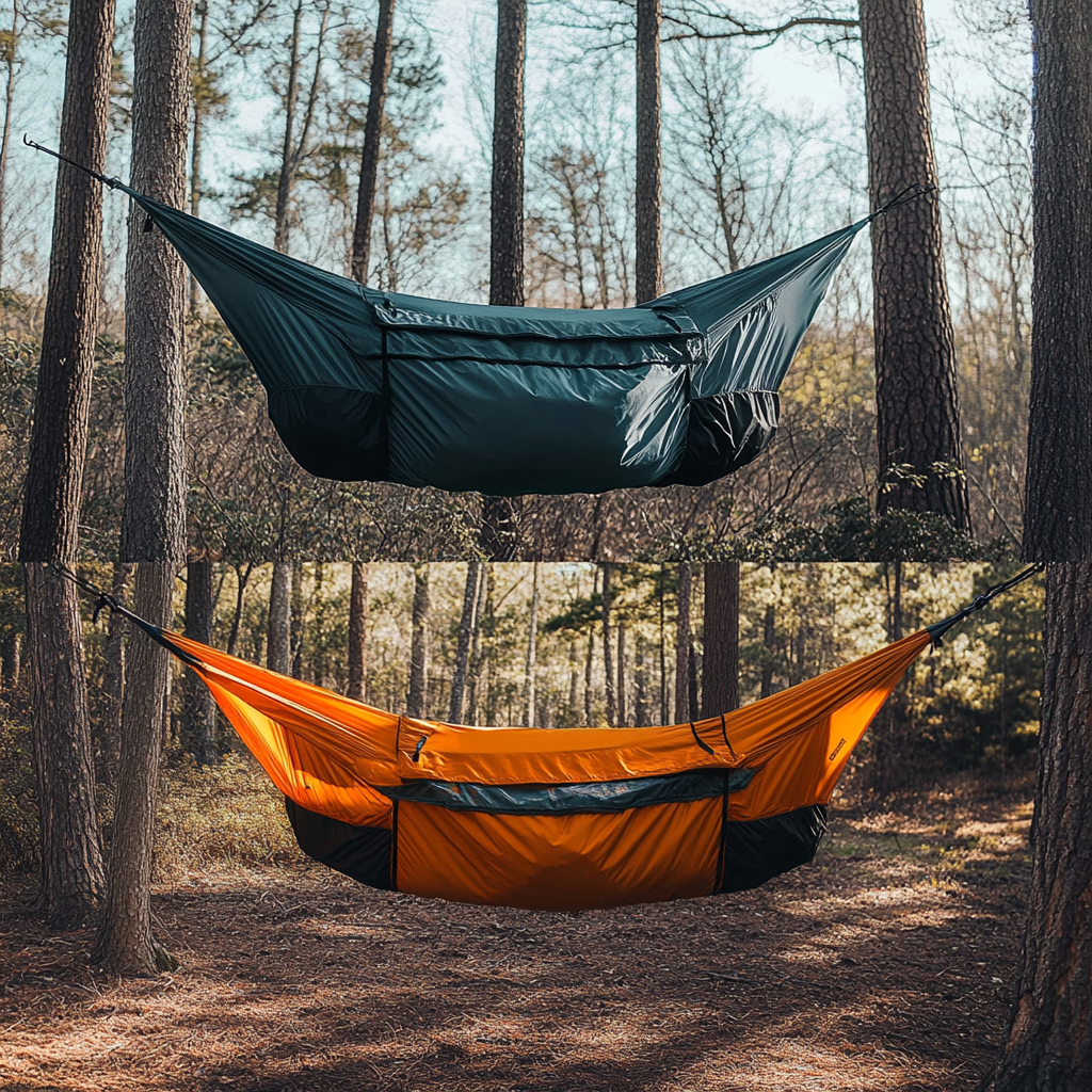 Two premium camping hammocks suspended between trees in a forest setting, showcasing durable, weather-resistant materials. The top hammock is deep green, while the bottom hammock is vibrant orange with black accents.