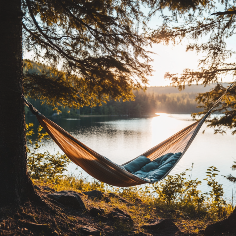 A cozy camping hammock suspended between two trees overlooking a tranquil lake at sunset, with a soft blanket for added comfort.