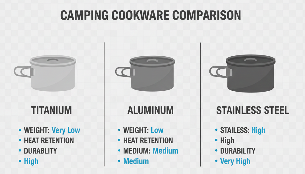 Infographic comparing titanium, aluminum, and stainless steel camp cookware by weight and heat efficiency.