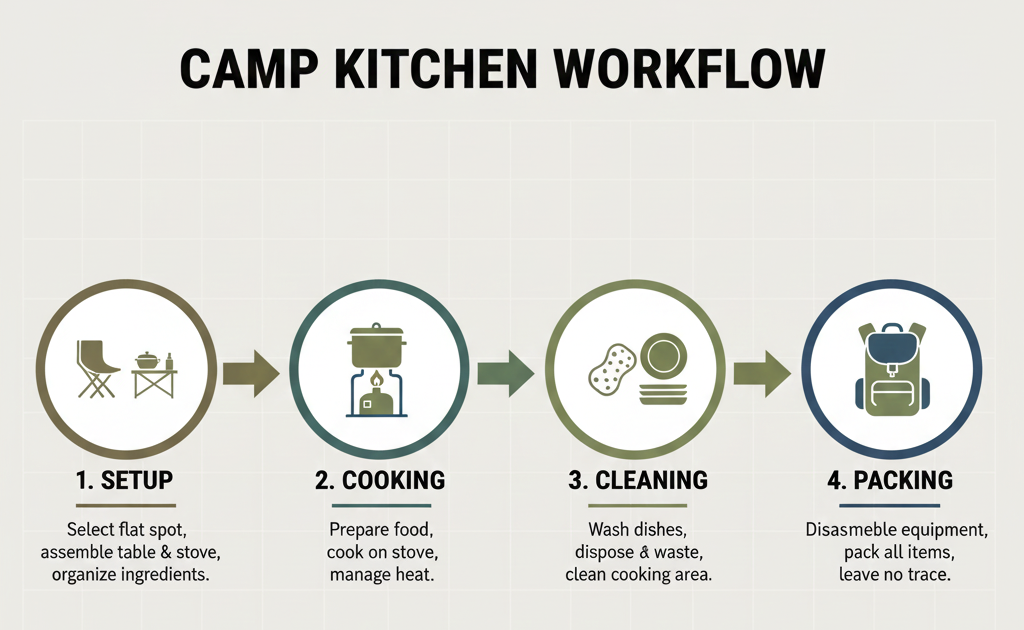 Step-by-step infographic showing the complete camp kitchen setup, cooking, and cleanup workflow.