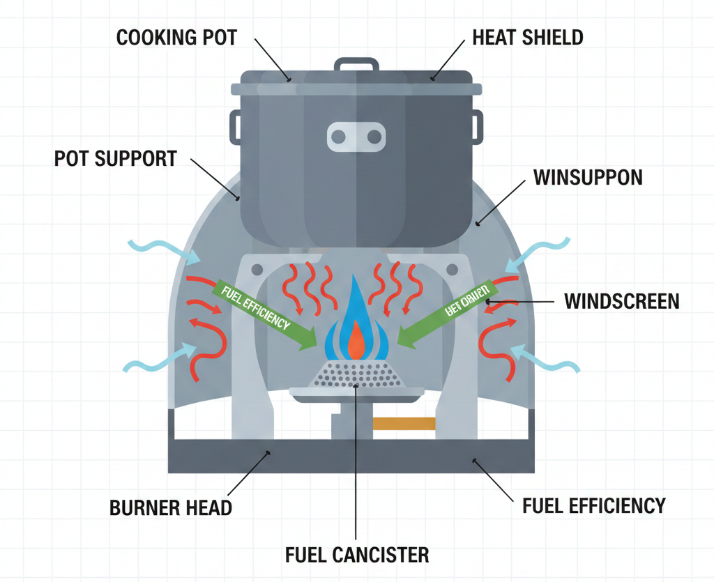 Cross-section diagram of a portable camping stove showing heat flow, wind protection, and fuel efficiency.