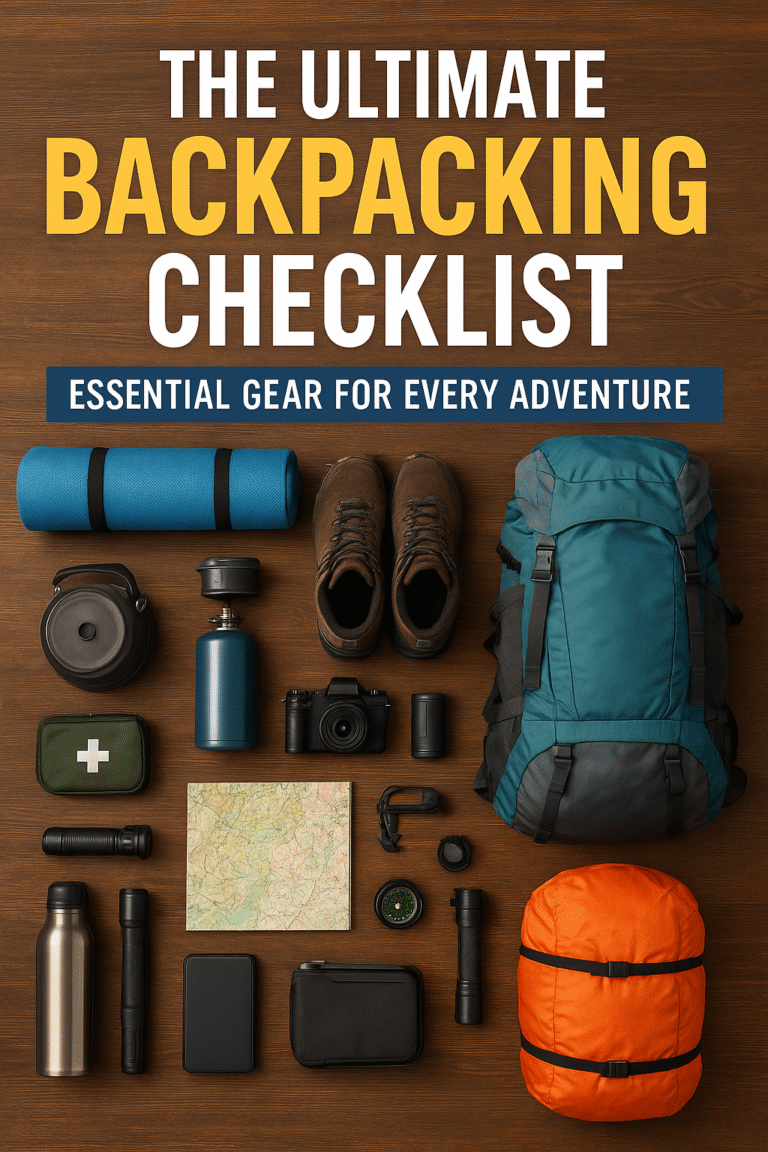 Flat lay of essential backpacking gear including teal hiking backpack, boots, camping stove, water bottle, first aid kit, flashlight, and map on a wooden background with bold title text ‘The Ultimate Backpacking Checklist: Essential Gear for Every Adventure