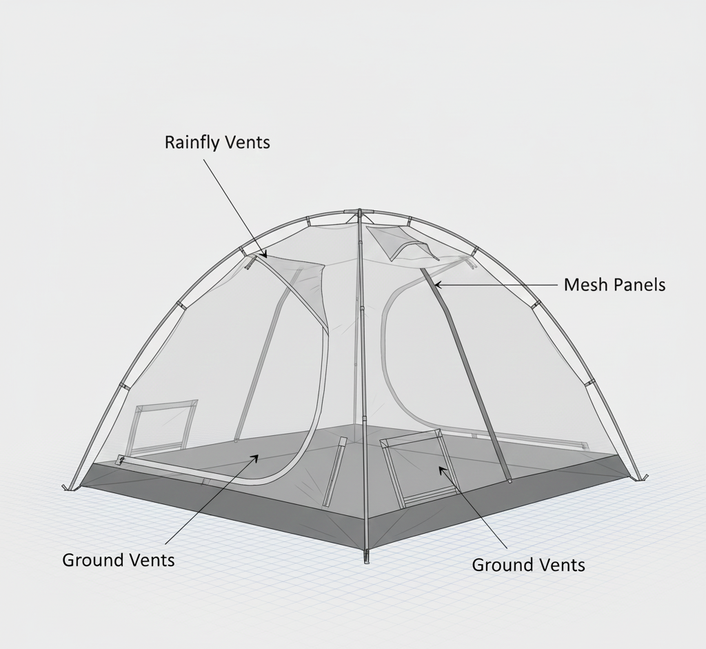Structural meronyms of a camping tent showing ventilation components.