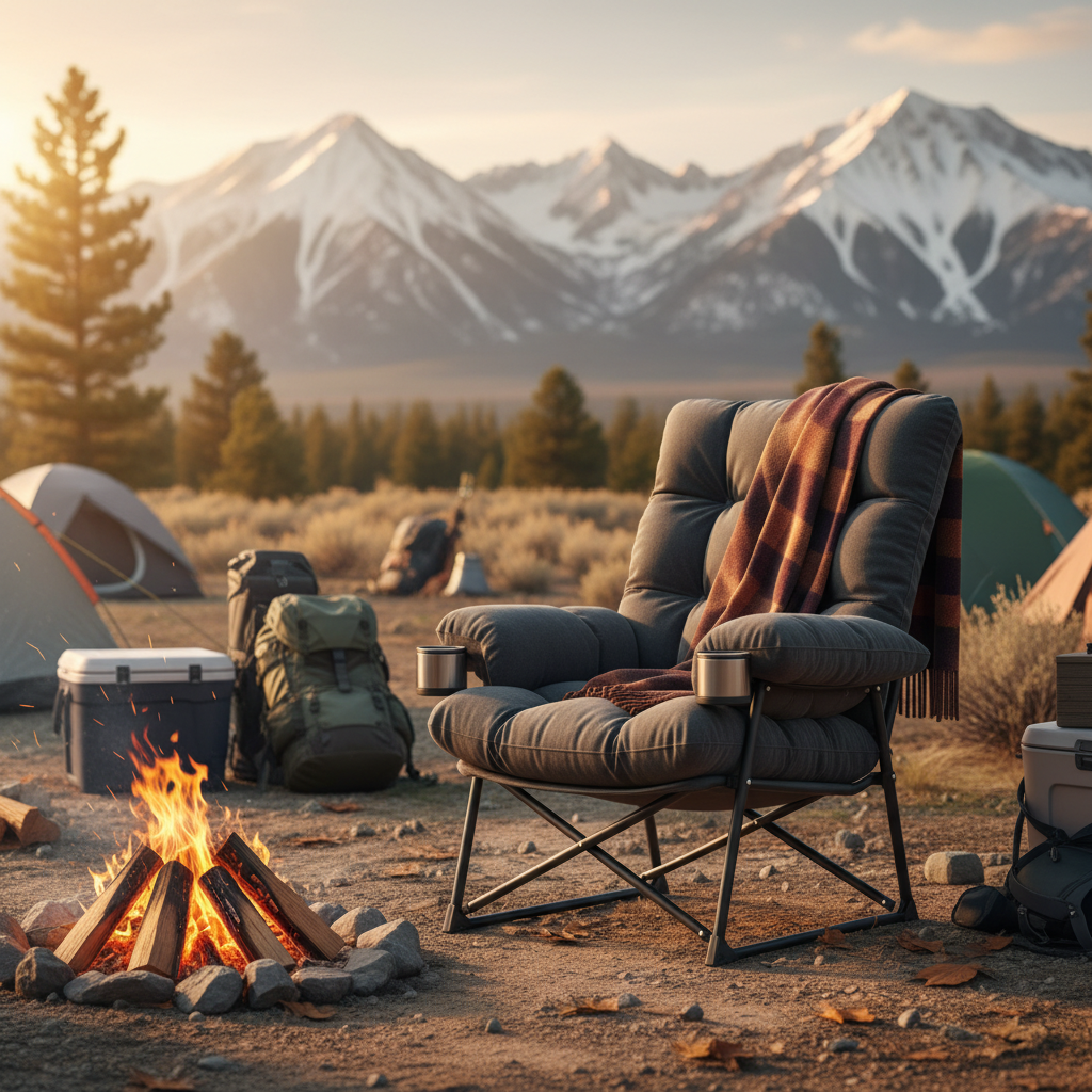 Most comfortable camping chair with thick padding positioned beside campfire at outdoor campsite
