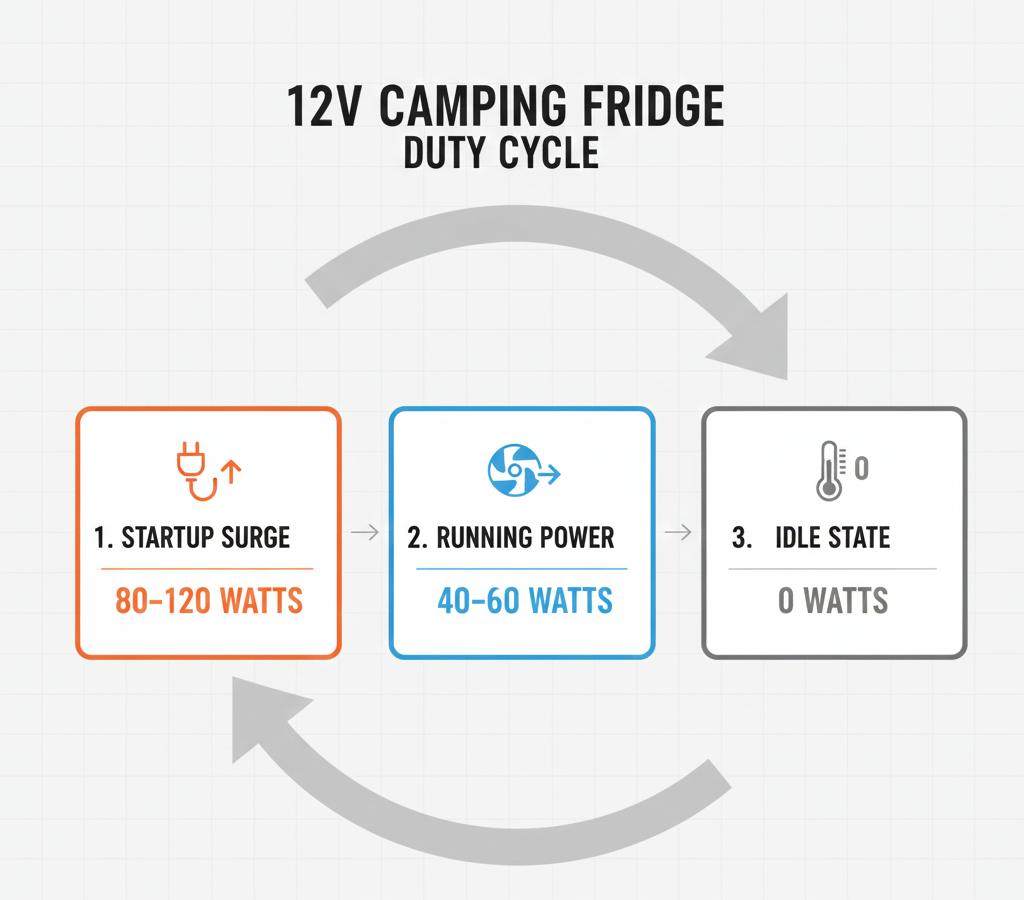 Diagram illustrating how a 12V camping fridge draws high power during startup, moderate power while running, and zero power when idle as part of its duty cycle.