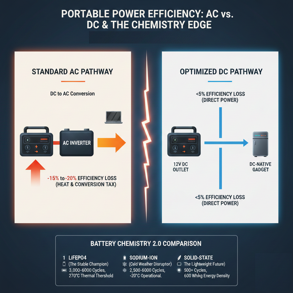 Technical diagram showing 18% energy loss through AC inverters versus high-efficiency DC-native power paths.