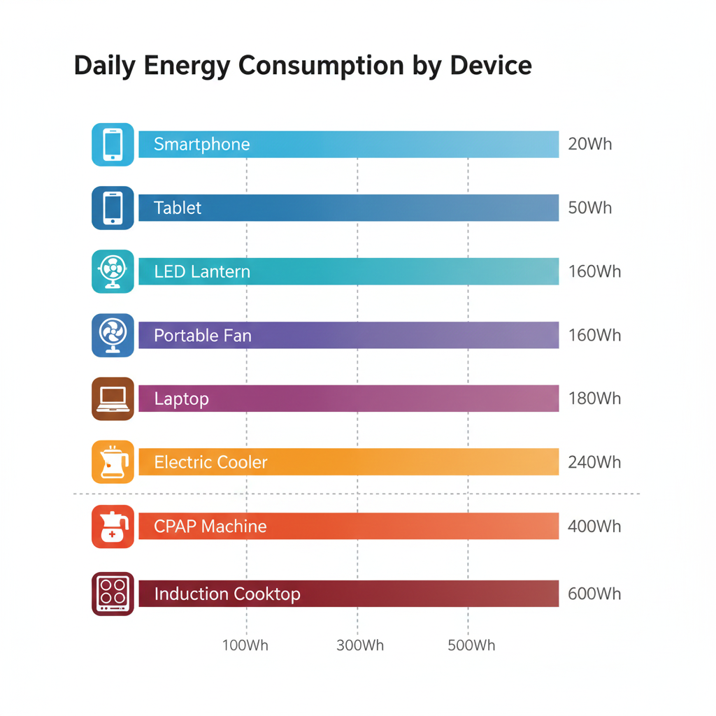Bar chart comparing daily watt-hour consumption of camping devices from smartphone at 20Wh to induction cooktop at 600Wh, showing CPAP machines require 400Wh and electric coolers need 240Wh