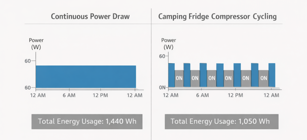 Diagram showing camping fridge compressor cycling compared to continuous power draw