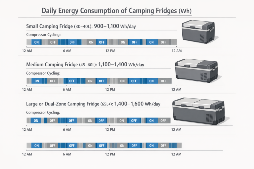 Camping fridge daily energy consumption in watt-hours based on fridge size and compressor cycling