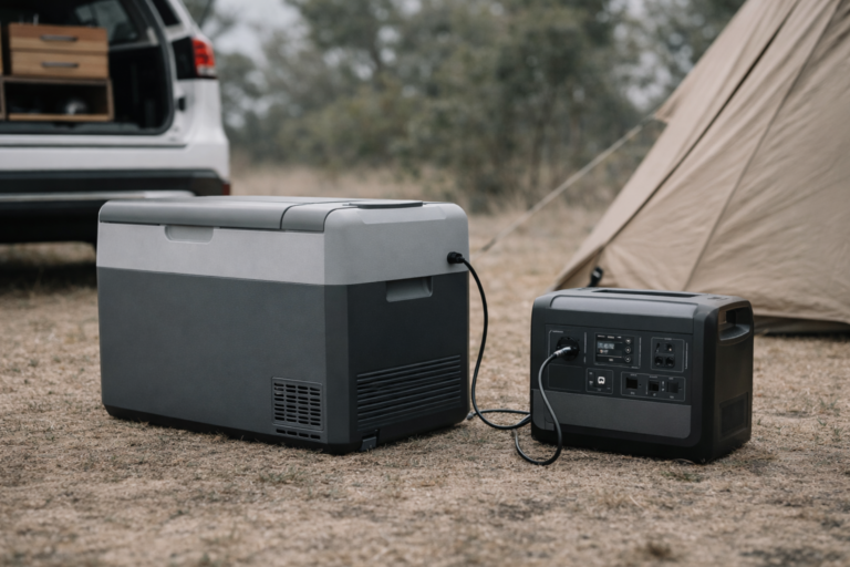 Camping fridge connected to a portable power station at an off-grid campsite