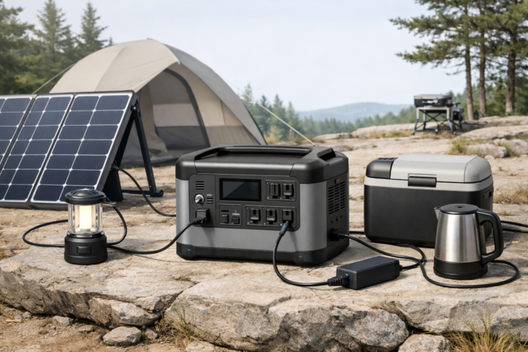 Camping power station with solar panel illustrating capacity and watt-hour planning for off-grid use