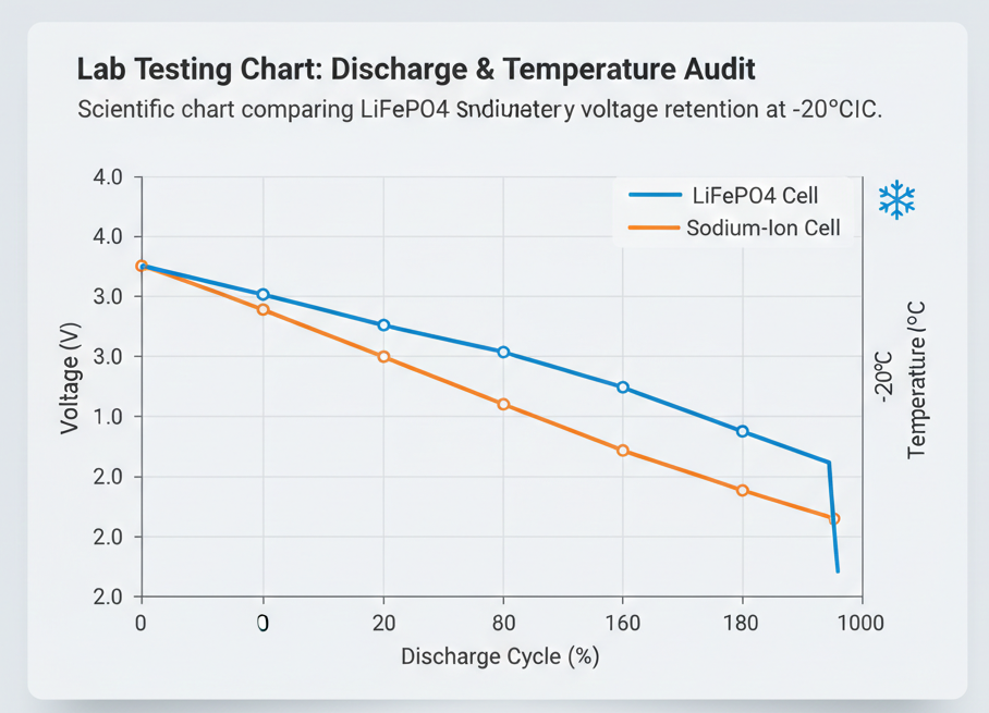 Scientific chart comparing LiFePO4 and Sodium-Ion battery voltage retention at -20 degrees Celsius.