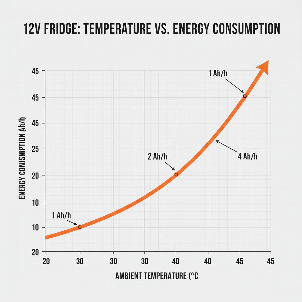 Line chart showing how ambient temperature increases energy consumption in a 12V camping fridge.