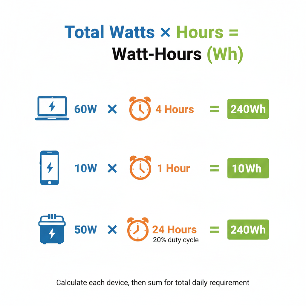 Watt-hour calculation formula showing how to multiply device watts by hours of use with examples of laptop requiring 240Wh, smartphone 10Wh, and electric cooler 240Wh for daily camping power needs