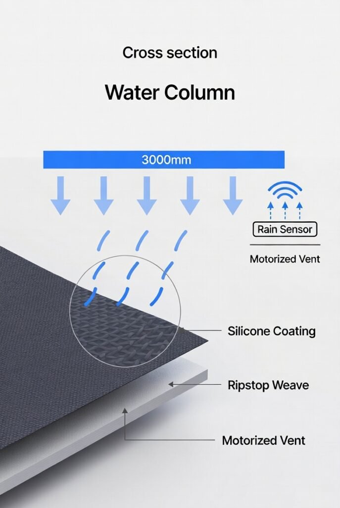 Scientific cross-section of 3000mm hydrostatic head tent fabric with integrated smart rain sensor logic