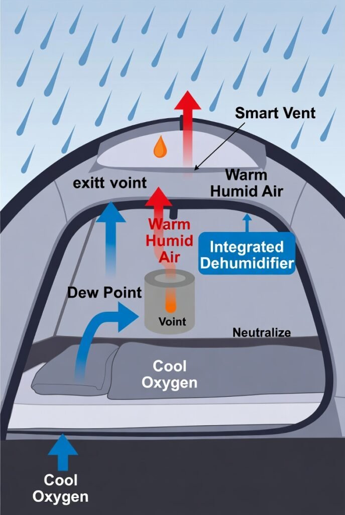 Thermodynamic diagram showing the chimney effect and dehumidifier logic in a high-tech waterproof tent.