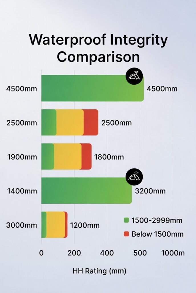 Bar chart comparing best waterproof tents by HH rating and automated tech-sensor features.
