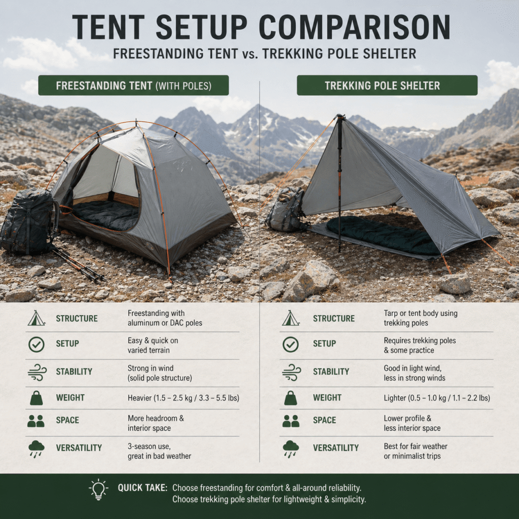 freestanding vs non freestanding lightweight backpacking tents trekking pole shelter setup