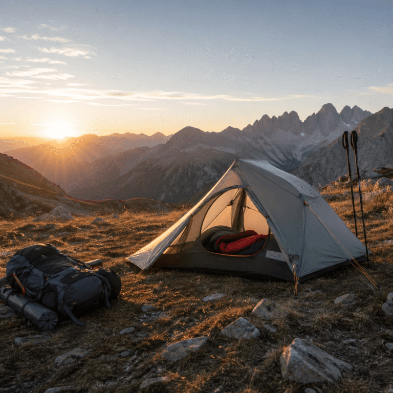 Tent setup at sunrise in mountains.