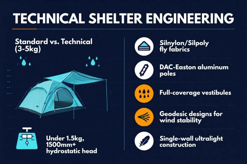 An infographic about technical shelter engineering explaining what is technical camping gear for tents, featuring a lightweight tent under 1.5kg with a 1500mm hydrostatic head, silnylon fabrics, DAC-Easton aluminum poles, full-coverage vestibules, geodesic design, and single-wall construction
