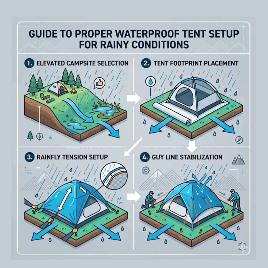 Step by step setup process for waterproof camping tents in rainy weather