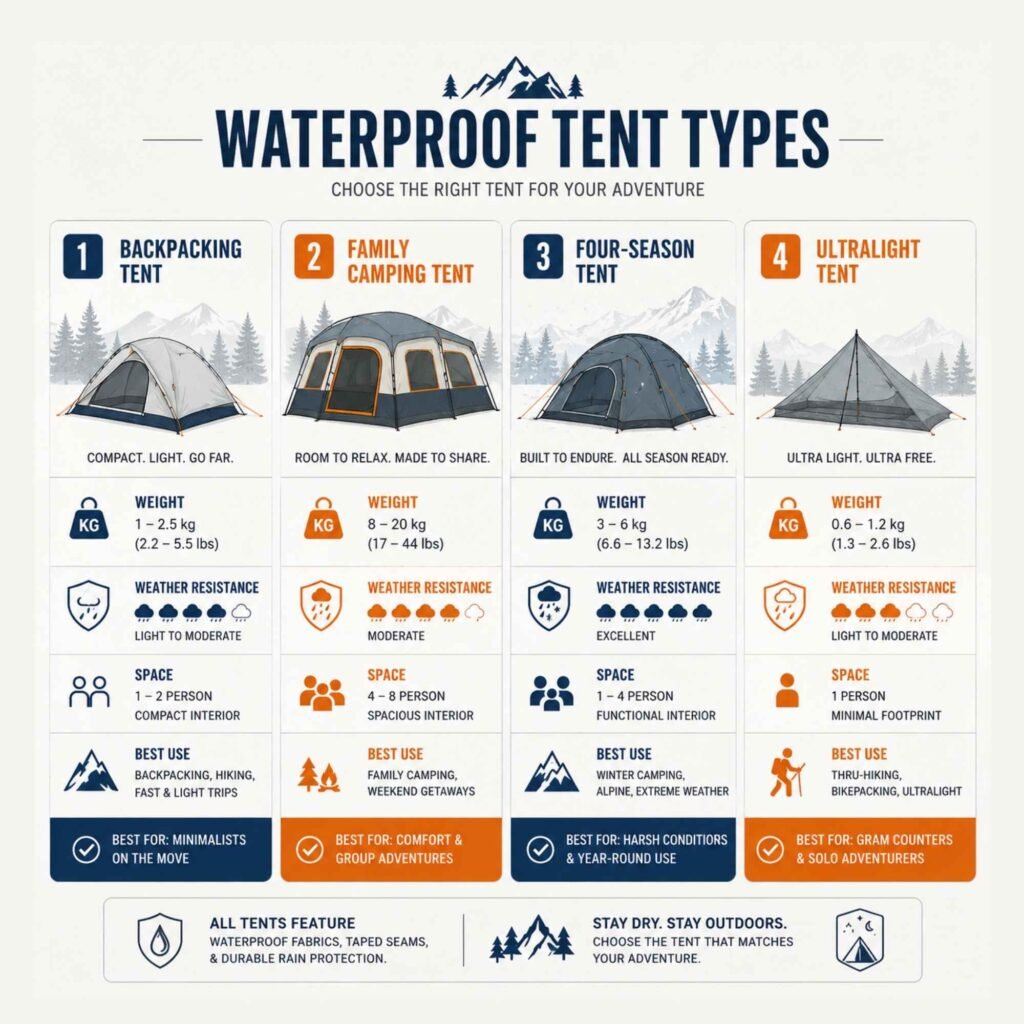 Comparison of backpacking family ultralight and four season waterproof tents