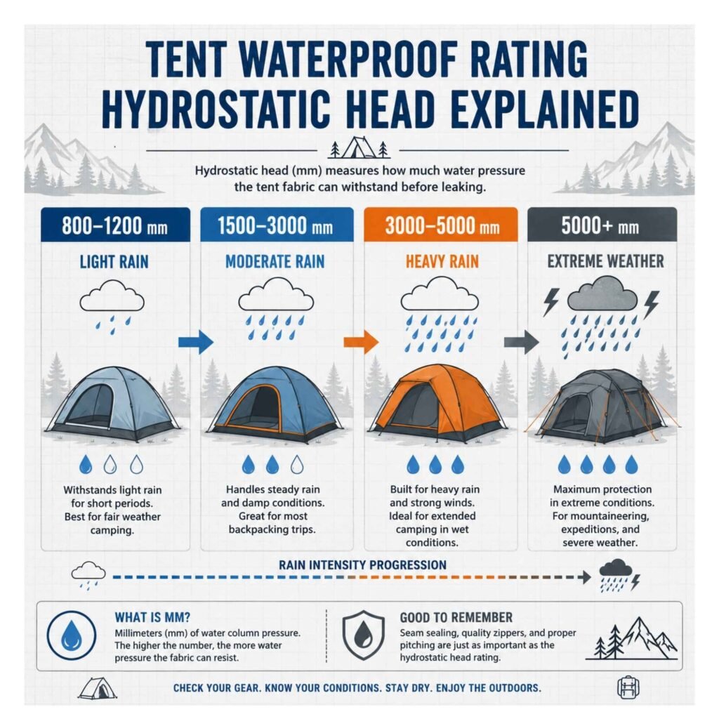 Hydrostatic head waterproof ratings chart for camping tents in different weather conditions