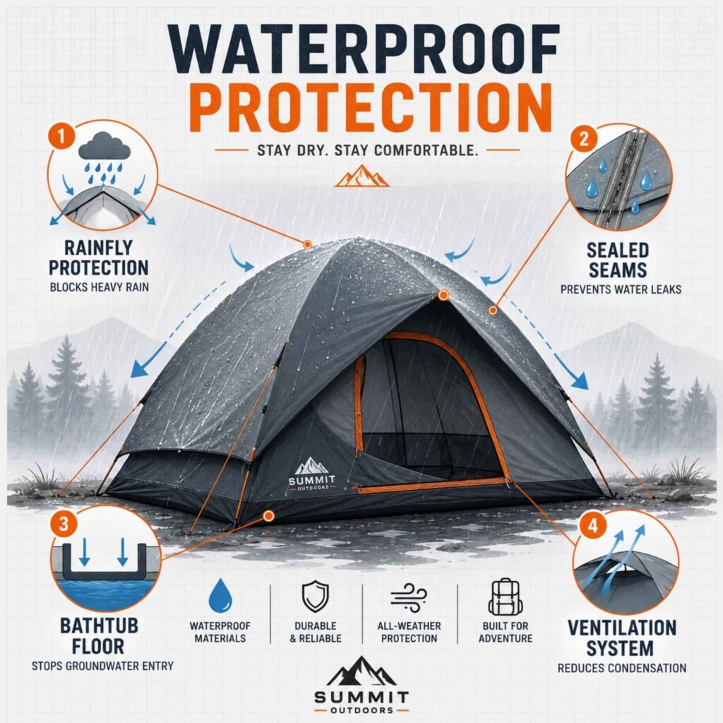 Diagram showing how waterproof tents use rainflies sealed seams ventilation and bathtub floors to stay dry in heavy rain