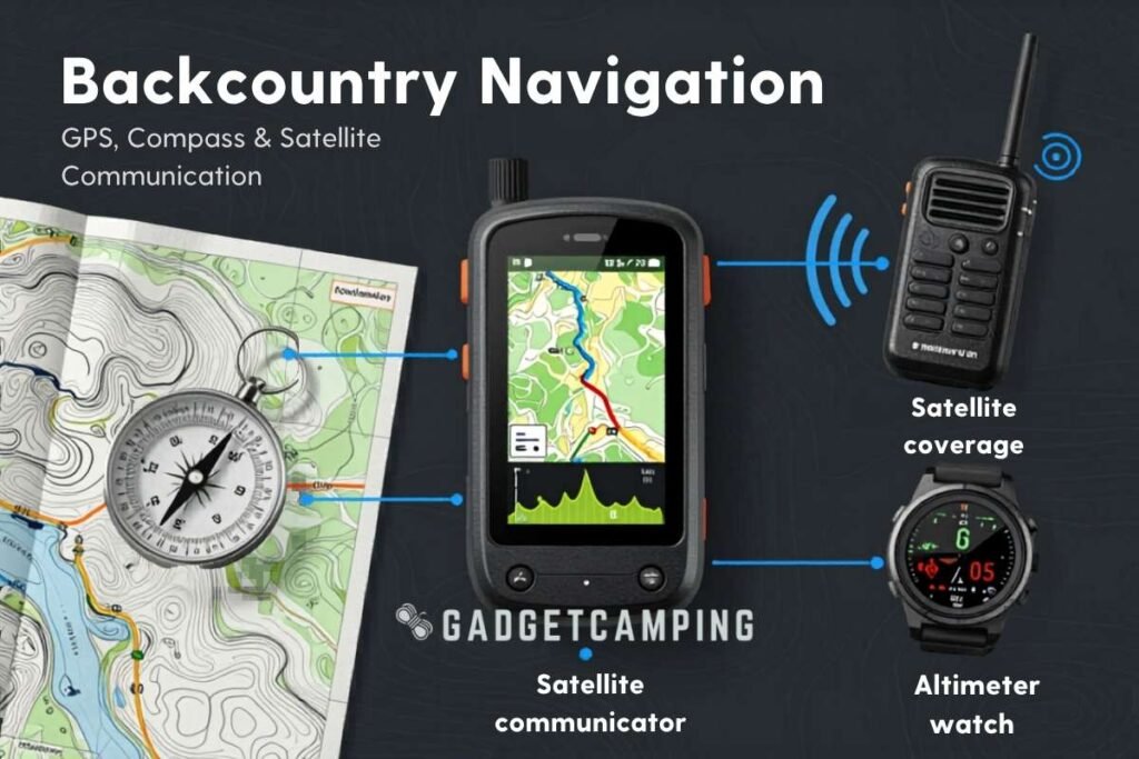 An infographic explaining what is technical camping gear for route finding, showing a Backcountry Navigation system by Gadget Camping. The graphic includes a topographic paper map, a baseplate compass, a digital satellite communicator GPS unit, a handheld satellite coverage radio, and a digital altimeter watch.
