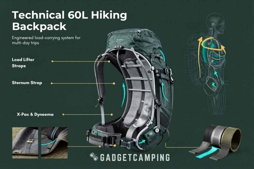 An infographic showing what is technical camping gear for load carrying, featuring a technical 60L hiking backpack by Gadget Camping. The diagram highlights an engineered load-carrying system with load lifter straps, a sternum strap, an anatomical frame design, and advanced X-Pac and Dyneema fabric construction.