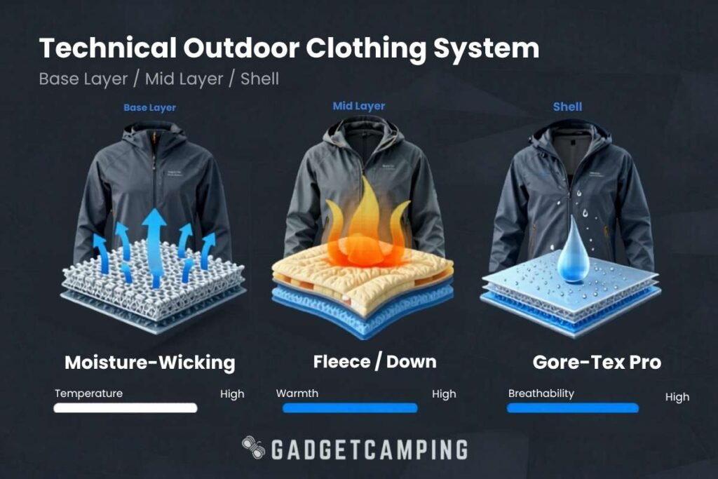 An infographic showing what is technical camping gear for outdoor apparel, displaying a Technical Outdoor Clothing System by Gadget Camping. The diagram illustrates a moisture-wicking base layer with high temperature regulation, an insulating fleece or down mid layer with high warmth, and a weather-protective Gore-Tex Pro shell with high breathability.